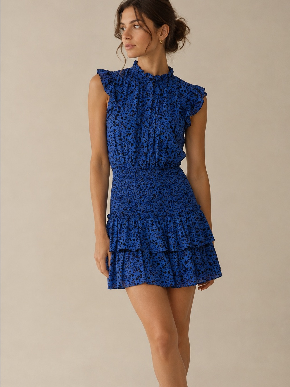 TCEC Blue Ruffle Tiered Animal Print Smocked Mini Dress Size XS